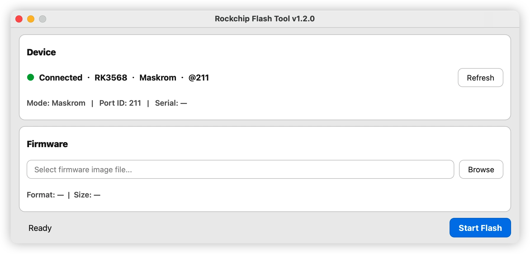 Rockchip Flash Tool showing Connected, RK3568, Maskrom, a Firmware field with a Browse button, and the Start Flash button